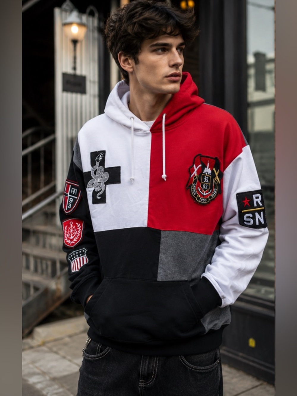 REASON The Lone Wolf Colorblock Patchwork Grunge Streetwear Pullover Hoodie